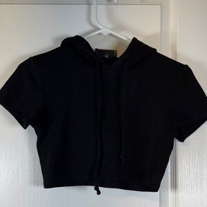 Lux LA Sweatshirt Short Sleeve Hooded Crop Top Black Size Small EUC #5721